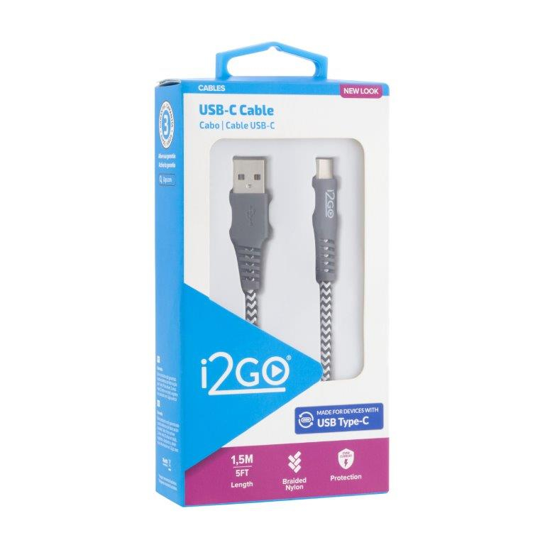 Cabo USB-C + USB-C com adaptador USB-A I2GO 2m 3A Nylon Trançado Chumbo -  I2GO PRO
