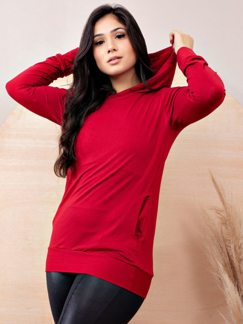 Blusa De Frio Feminina Com Capuz Manga Comprida Com Bolso Lisa