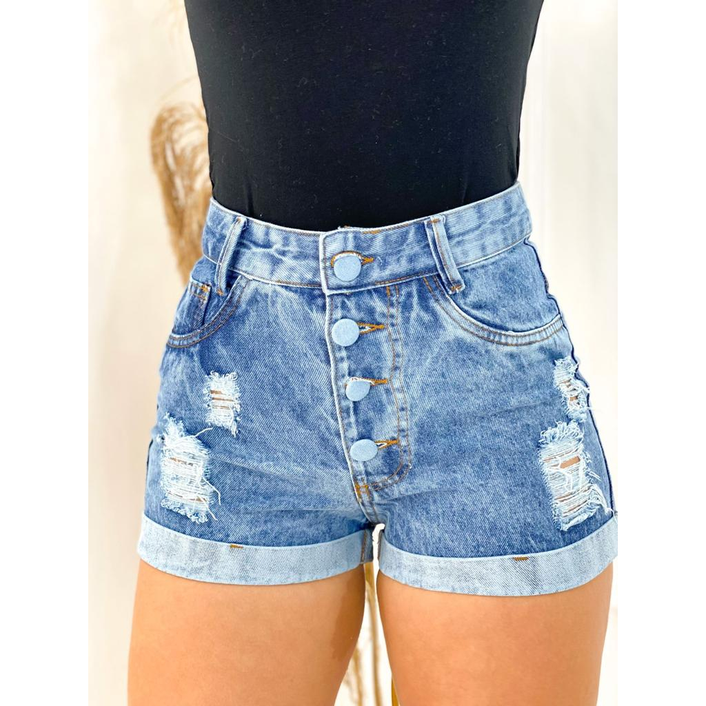 Shorts Jeans Feminino Com Elastano Levanta Bumbum Cós Alto