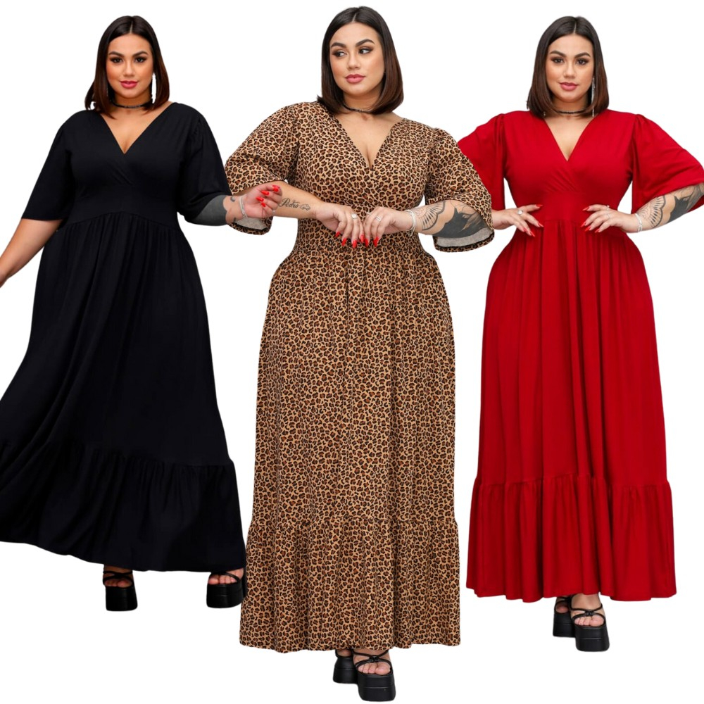 Vestido Longo Feminino Três Marias Plus Size Manga Flare Rodado Grande Boca  Sino Premium GG G1 G2 G3 G4 G5