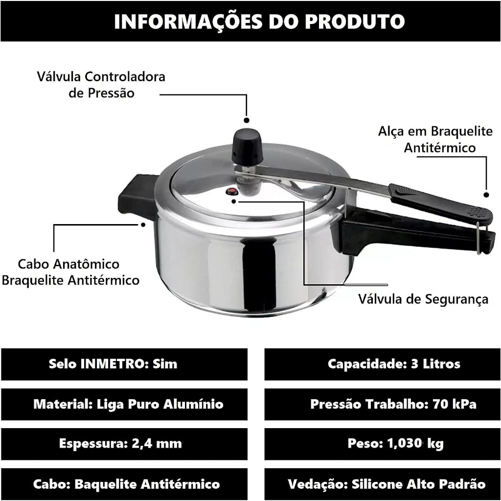 PANELA DE PRESSÃO 3 LITROS POLIDA E CERTIFICADA PELO INMETRO + ENVIO ...