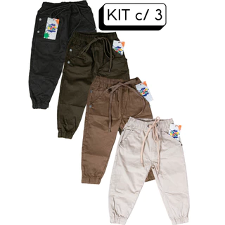 Kit 3 Calça Infantil Menino Jogger Sarja 1 2 3 4 6 8 anos Com Elastano e Amarração de Cintura