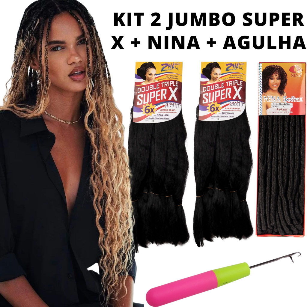 Kit 2 Pacotes Jumbo Super X + Nina + Agulha Cachos Chochet Braids ...