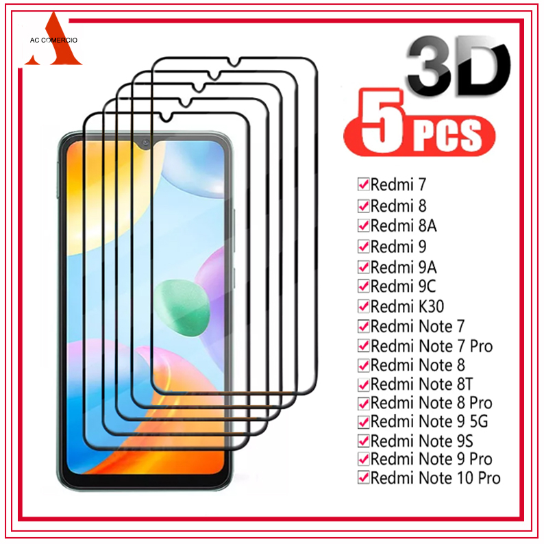 Kit 5 Película De Vidro Temperado 3D 9H Para Xiaomi Redmi 8 Redmi 9 Redmi 9A Redmi 9C Redmi Note 8 Redmi Note 8 Pro Redmi Note 9 10 11 12 Protetora De Vidro