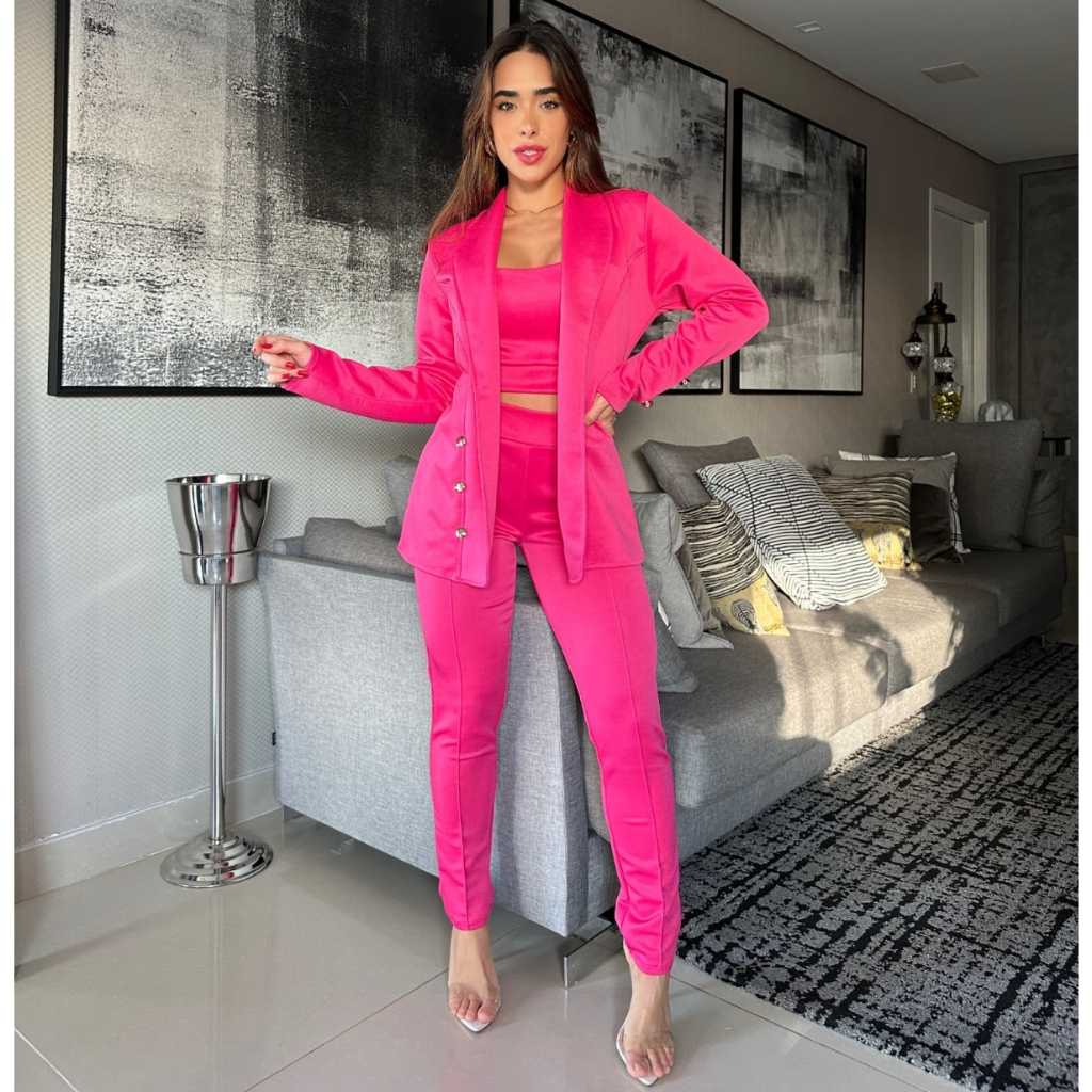 Conjunto Social 3 Peças Max Blazer Longo Cropped Alcinha E Calça