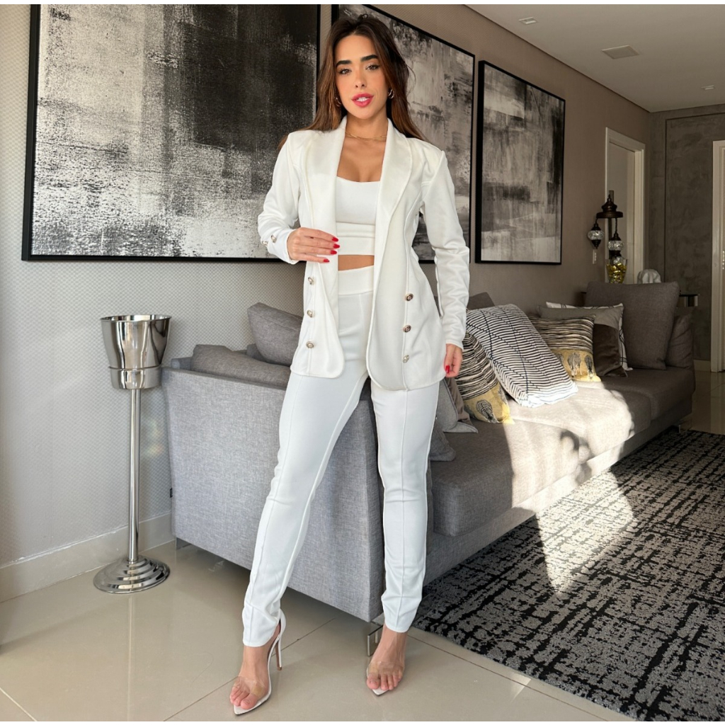 Conjunto Social 3 Peças Max Blazer Longo Cropped Alcinha E Calça