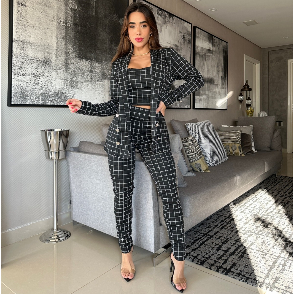 Conjunto Social 3 Peças Max Blazer Longo Cropped Alcinha E Calça