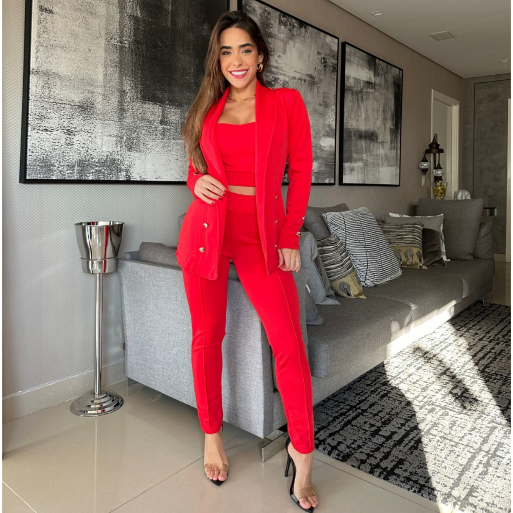 Conjunto Social 3 Peças Max Blazer Longo Cropped Alcinha E Calça