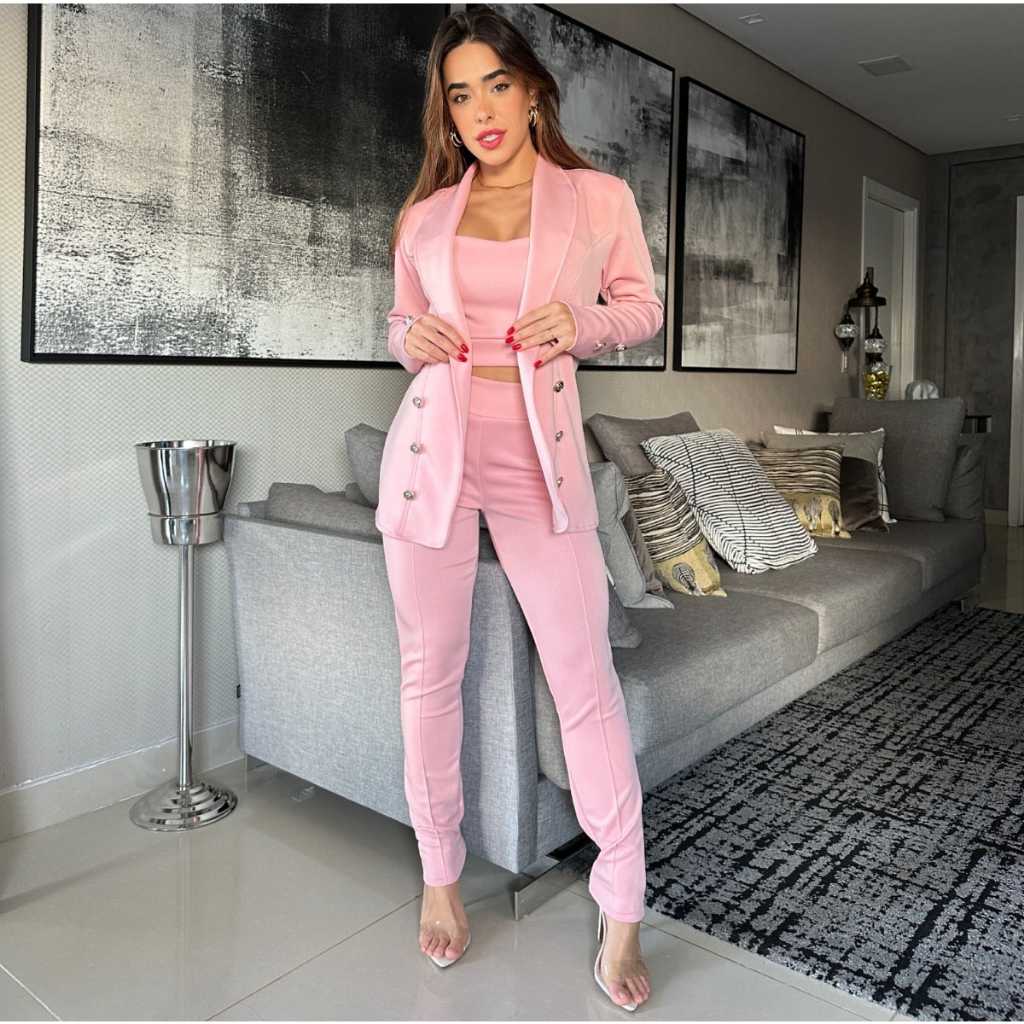 Conjunto Social 3 Peças Max Blazer Longo Cropped Alcinha E Calça