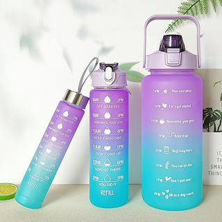Garrafas Água Kit com 3 Unidades 2L 900mL 300 mL Degradê Antivazamento Academia Escola + Adesivos 3D
