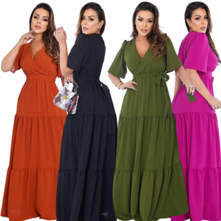 Vestido Longo Manga Curta Tecido Crepe Dunas Variedade de Cores e Tamanhos