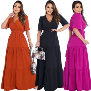 Vestido Longo Lizo Manga Curta Tecido Crepe Dunas Variedade de Cores e Tamanhos