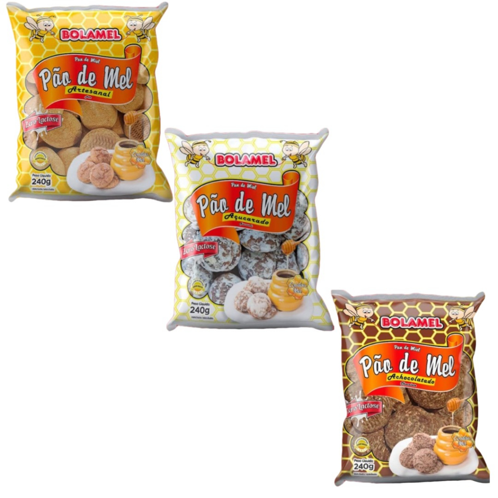 Pão de mel Bolamel artesanal/ açucarado e achocolatado em embalagem de 240g