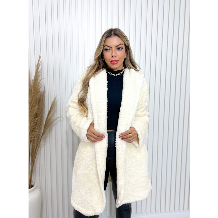 Casaco Feminino Longo Teddy Pelinho Pelo de Carneiro Branco Blusa Frio ...