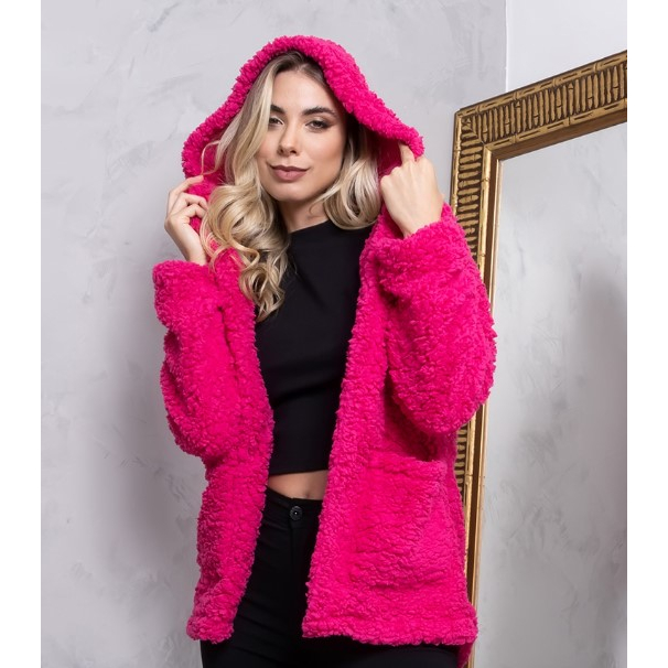 Casaco Feminino Longo Teddy Pelinho Pelo de Carneiro Branco Blusa