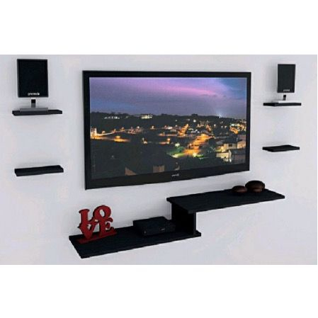 Kit Nicho Para Tv Rack Suspenso Sala quarto Com 4 Prateleiras na cor Preto