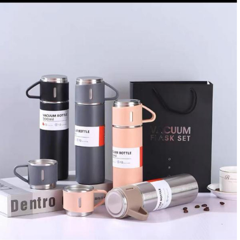 Kit Garrafa Térmica Vacuum Flask Set Inox 1 garrafa + 2 tampa/copo 500ml - bebidas quentes e frias