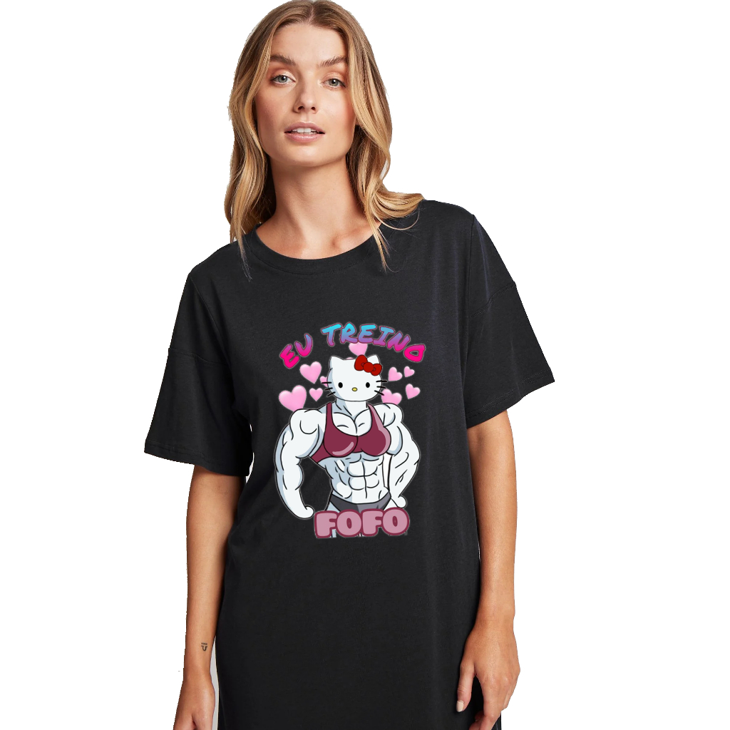 Camiseta Eu Treino Fofo Hello Kitty Unisex 100% Algodão Preto