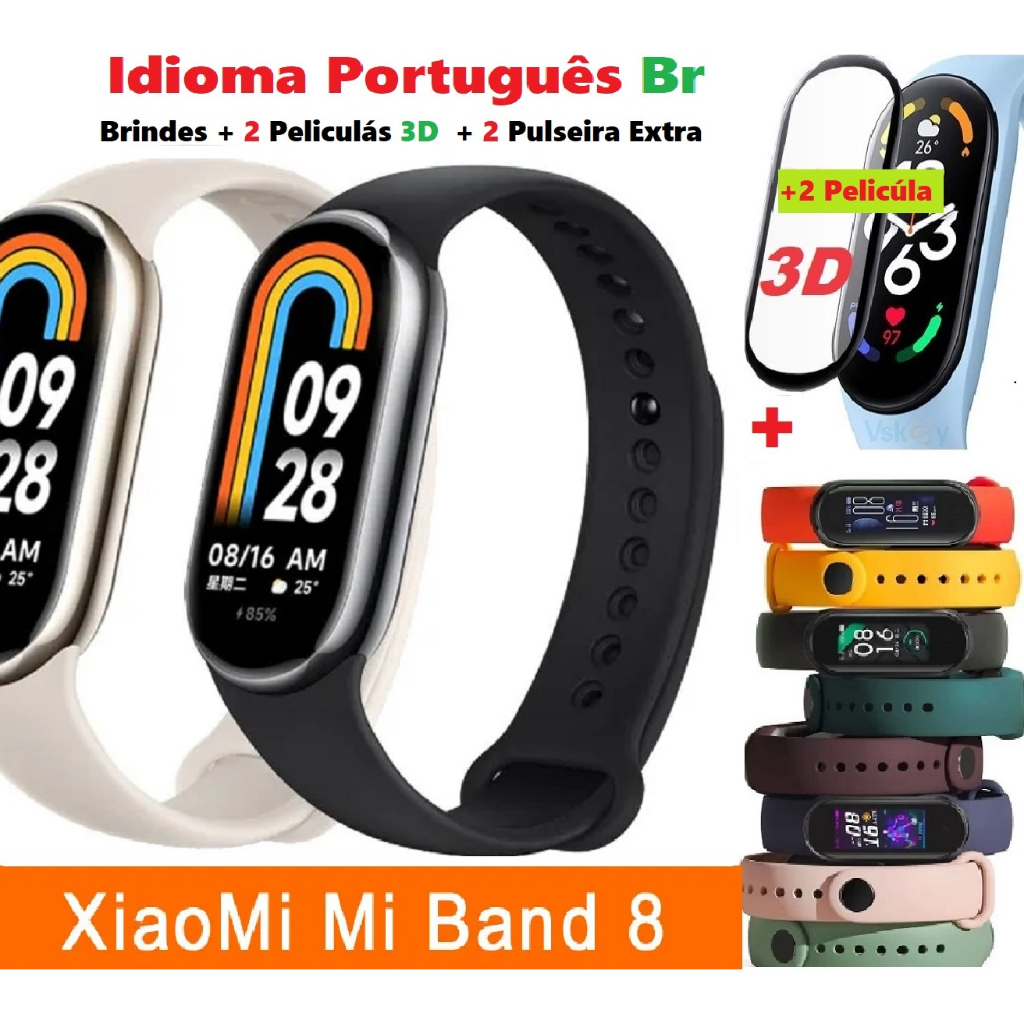 Xiaomi Mi Band 8 Original + 2 Película 3D + 2 Pulseira Extra - Relógio Smartwatch Smart Mi Band 5 6 7 8