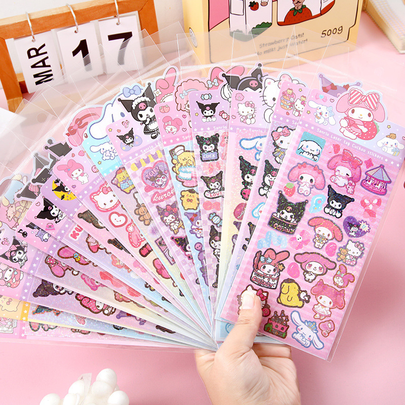 Cartela de adesivos da turma da Hello Kitty, papelaria fofa, escolar, holografico