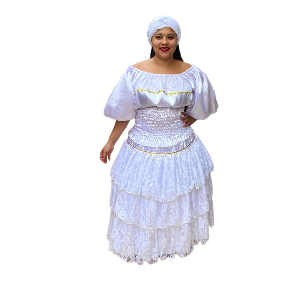 Roupa conjunto baiana em renda 3 babados branca umbanda candomble BATA E SAIA