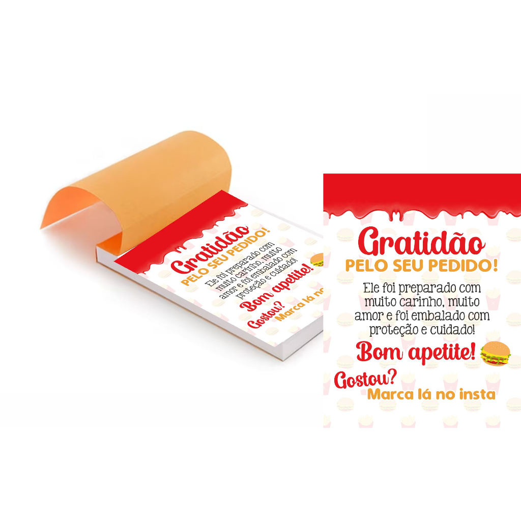 Kit 5 Blocos (500 Folhas) para Agradecimento / Obrigado pela Compra Hamburgueria- Lanchonete
