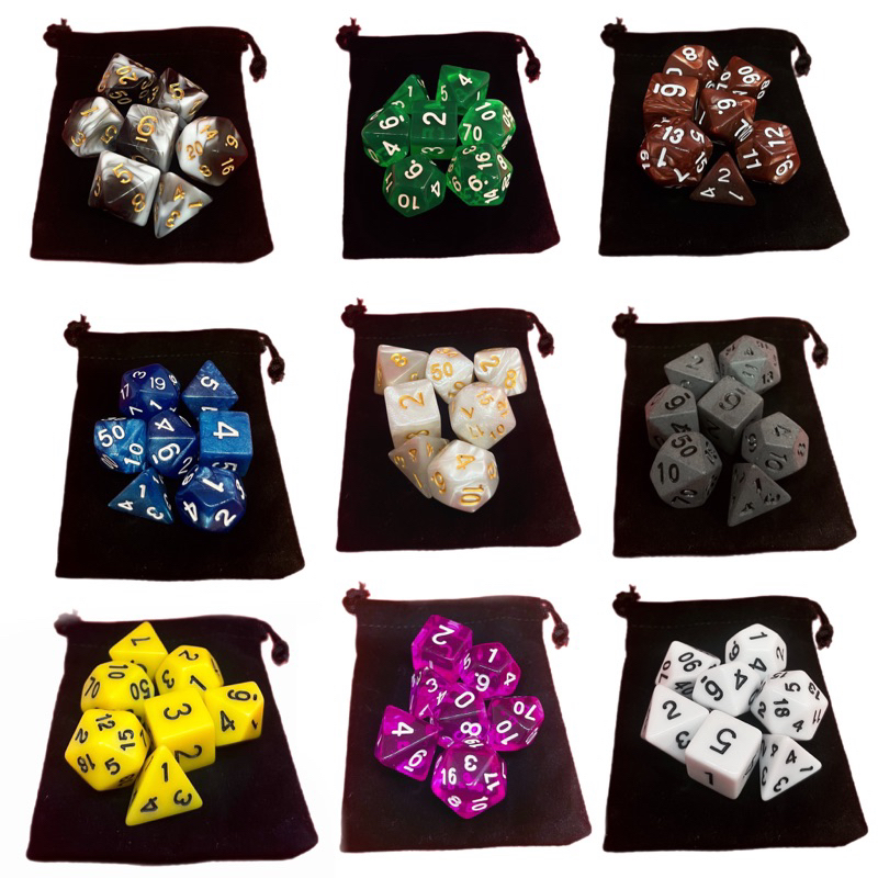 Kit 7 Dados RPG Verde e Preto Perolizado Metalizado Mesclado D4 D6 D8