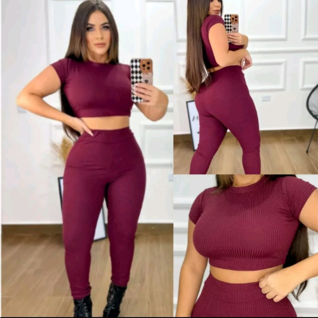 Conjunto cropped calça legging canelada moda feminina