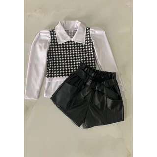 Conjunto blusa xadrez gola infantil + Short couro fake courino infantil menina