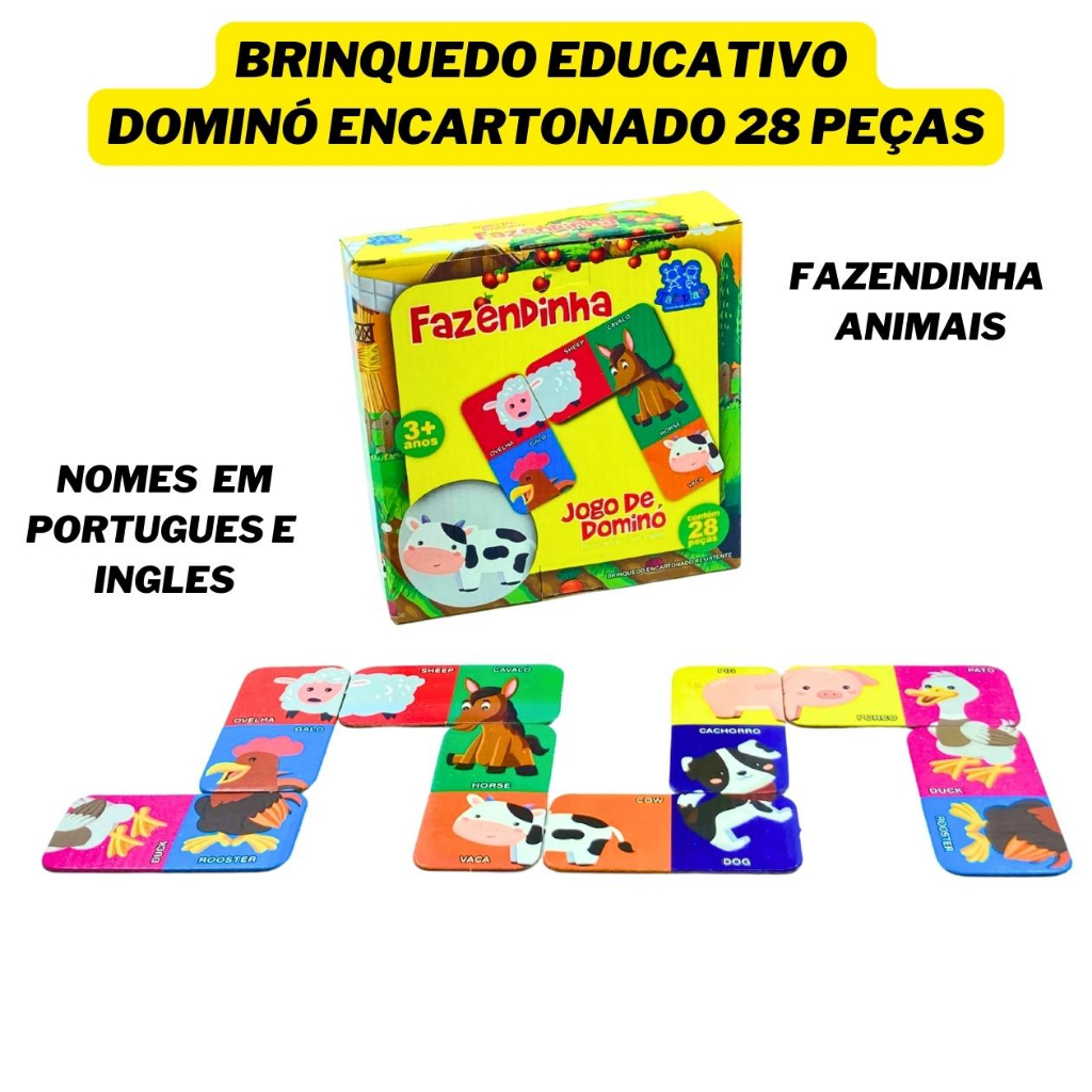 Brinquedo Educativo Jogo De Dominó Encartonado Tema Fazendinha Nomes em  Ingles e Portugues