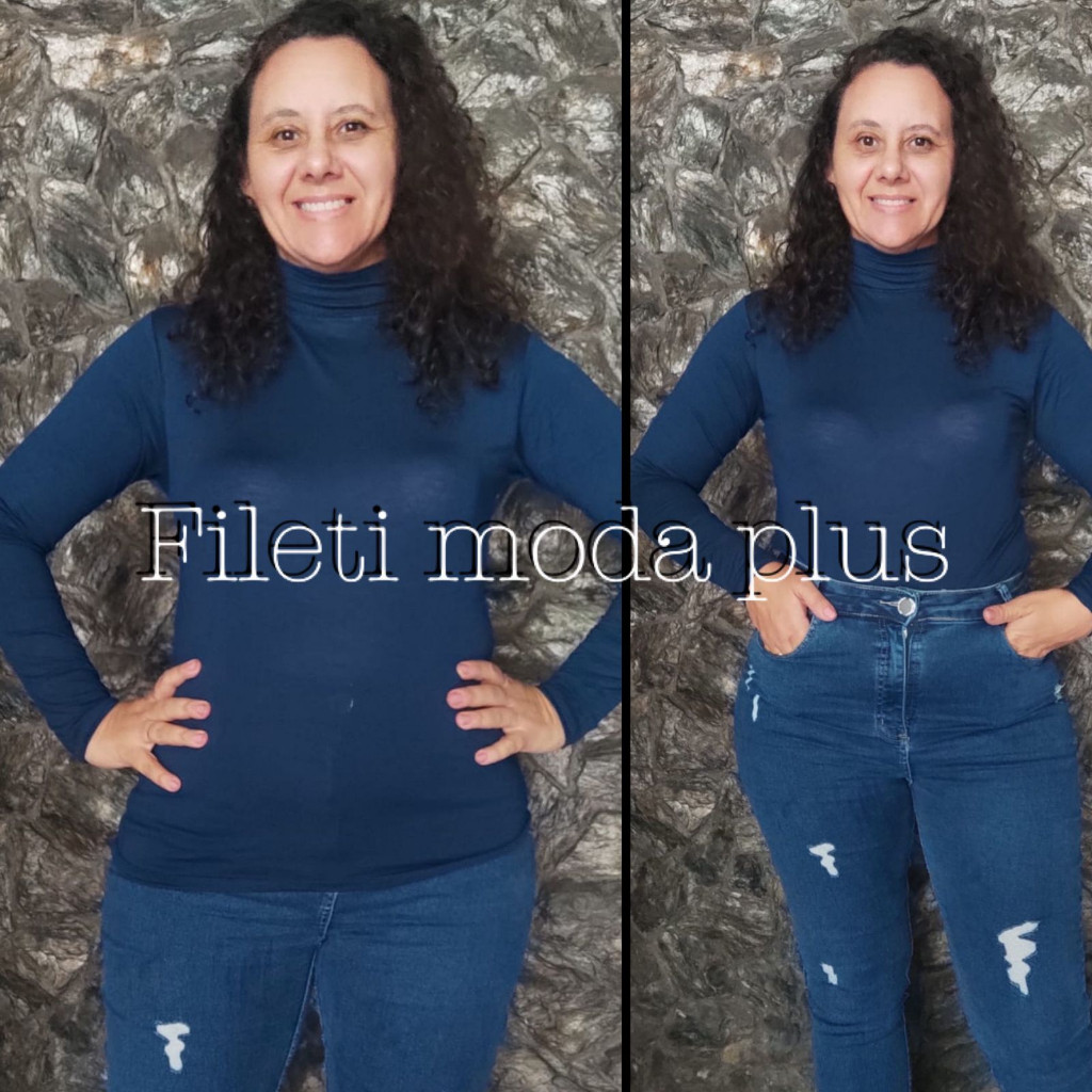 Blusa De Gola Alta Plus Size, Cacharrel Manga Comprida Segunda Pele
