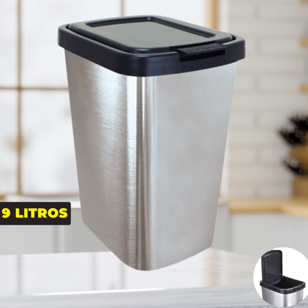 Lixeira 9 Litros Cesto de Lixo Com Tampa Click Inox Prata Para Cozinha Banheiro Escritório Rattan Reforçada Plástico Preta