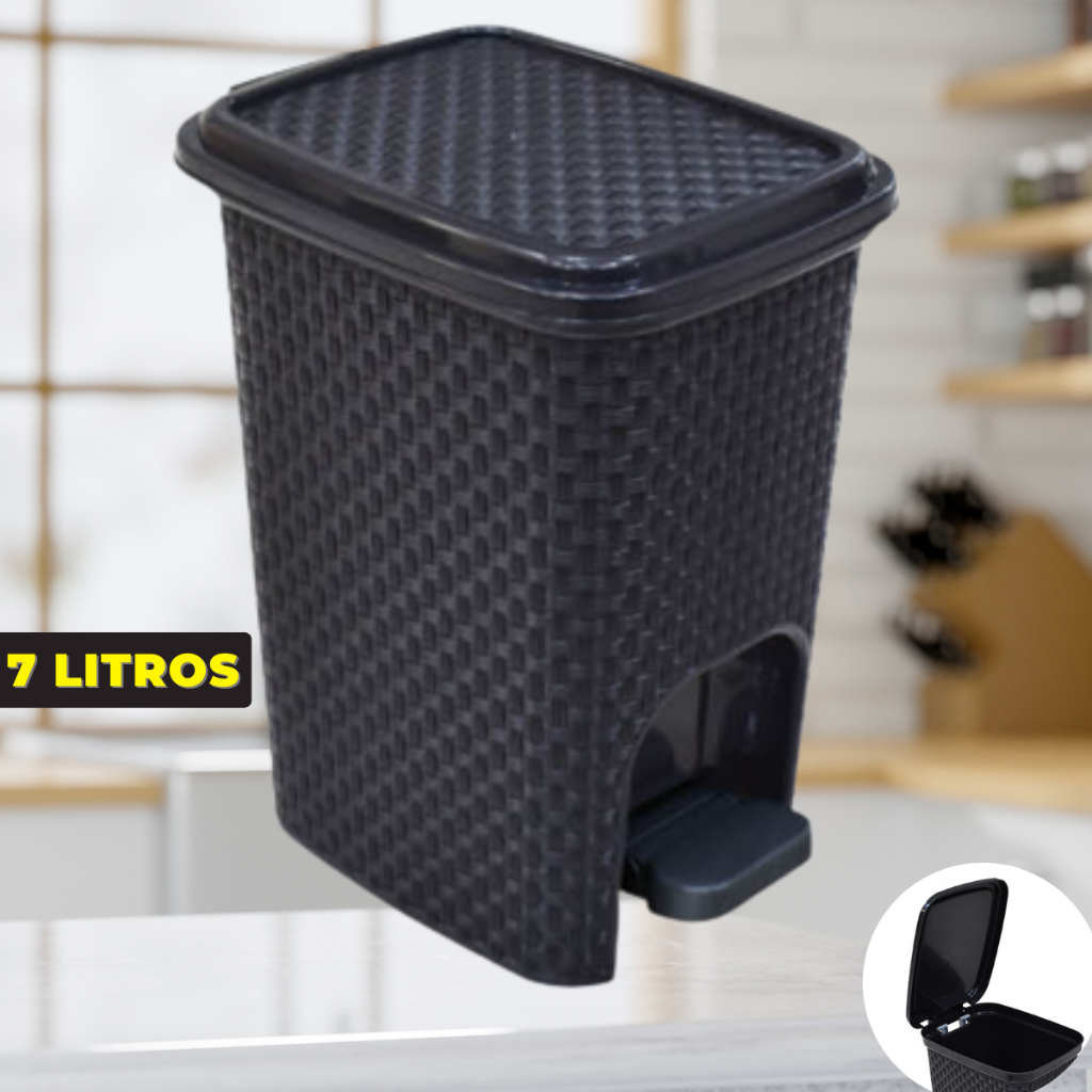 Lixeira 7 Litros Cesto de Lixo Com Tampa Pedal Para Cozinha Banheiro Escritório Rattan Reforçada Plástico Preta