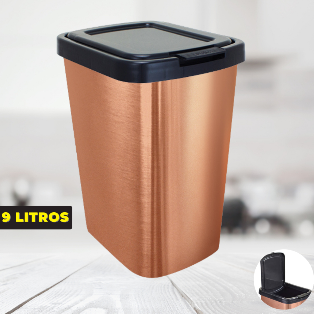 Lixeira 9 Litros Cesto de Lixo Com Tampa Click Rosê Gold Para Cozinha Banheiro Escritório Rattan Reforçada Plástico