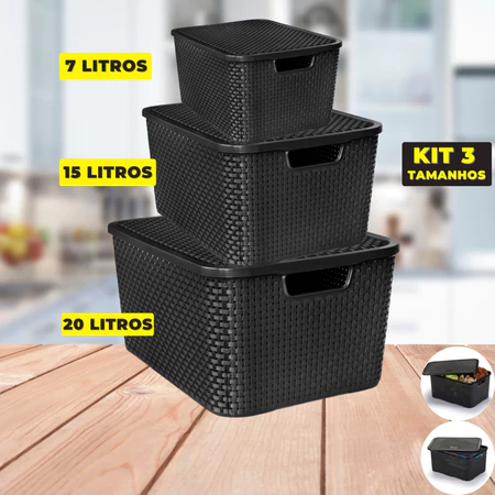 Kit 3 Caixas Organizadoras Cesto Organizador 7 14 20 Litros Rattan Com Tampa Multiuso Kit