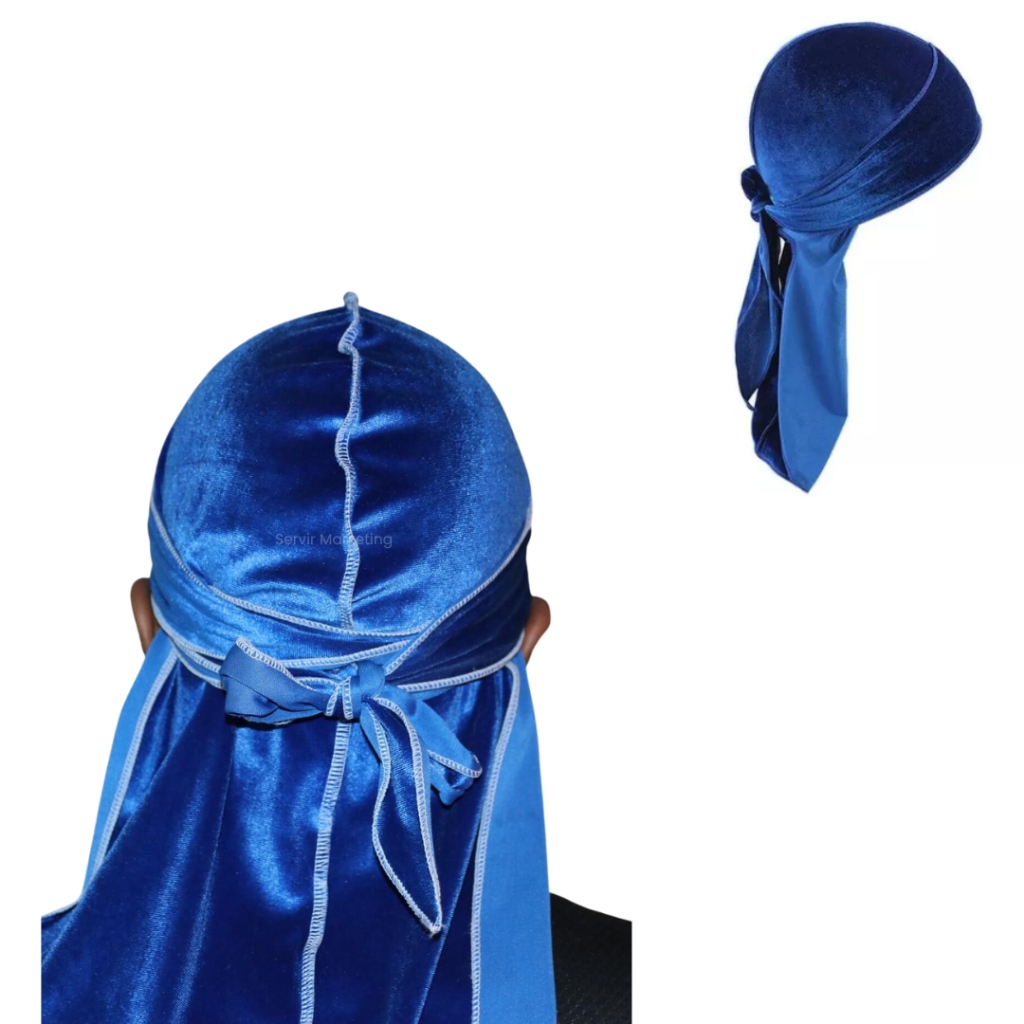 KIT 2 BANDANA DURAG PRETA E AZUL ROYAL VELUDO PARA WAVES HIP HOP