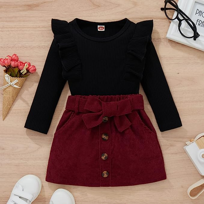 6 meses a 14 anos - Roupa para Menina Conjunto Infantil de Inverno de Frio Saia Vinho com Laço Camurça para bebe