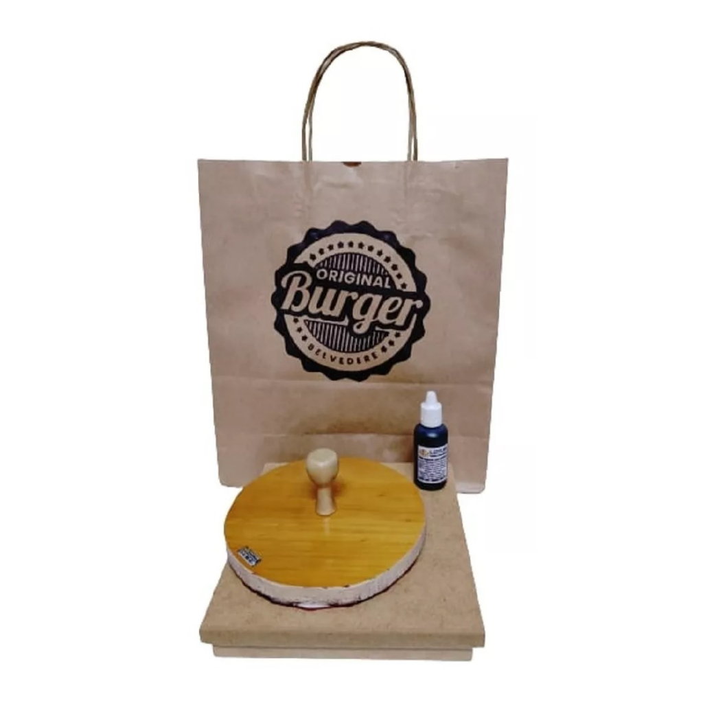 Kit 2 Carimbos Madeira Personalizados 1un 12x12cm + 1un 6x6cm + almofada + tinta Para Sacolas Kraft