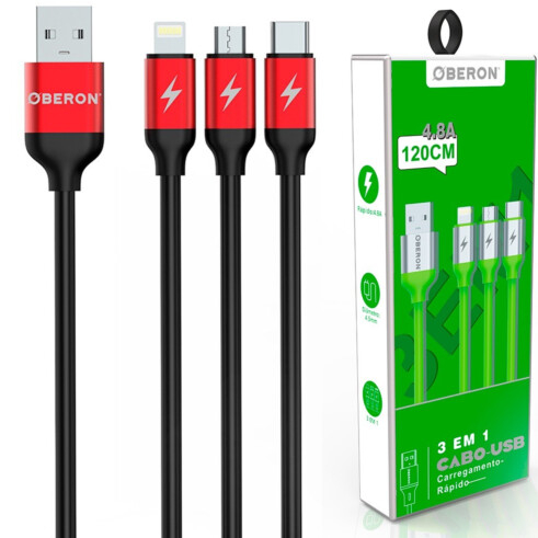Cabo USB 3 em 1 Lightning / Type-C / V8 1,2 Metros para Celular OBERON - OR-CO06