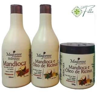 kit Mandioca e óleo de rícino (shamp+cond+máscara) Maycrene