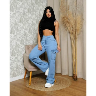 calça jeans feminina cargo levanta bumbum cintura alta