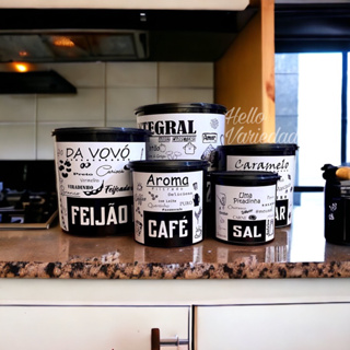 Kit Jogo Mantimentos 5 Peças Porta Alimento Decorado Branco Preto Cozinha VOVÓ MANTIMENTO PRETO TAMPA BRANCA
