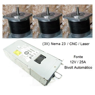 (3X) Motor de Passo Nema 23 + 1 Fonte 12V 300W / CNC / Laser / 3D
