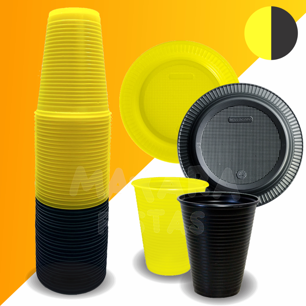 Kit Prato e Copo Descartável Preto e Amarelo - 70 Peças | Shopee Brasil