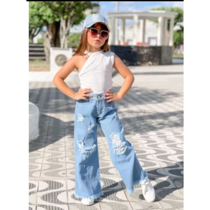 CALÇA JEANS INFANTIL E JUVENIL WID LEG PANATALONA MENINA BLOGUEIRA