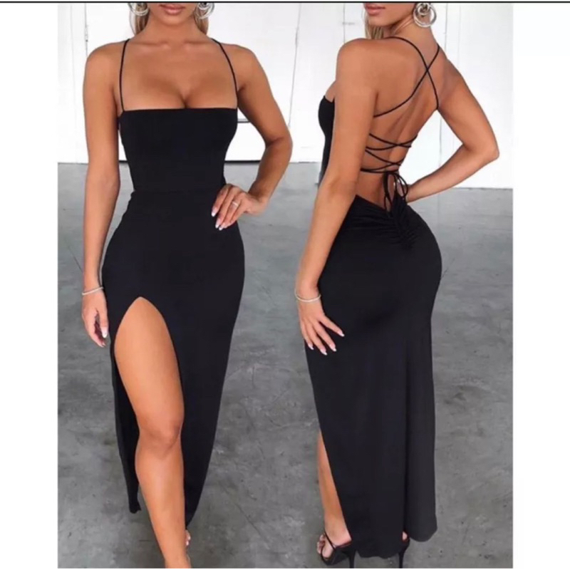 Vestido suplex longo com fenda elegante costas nua trançada festas empina bumbum