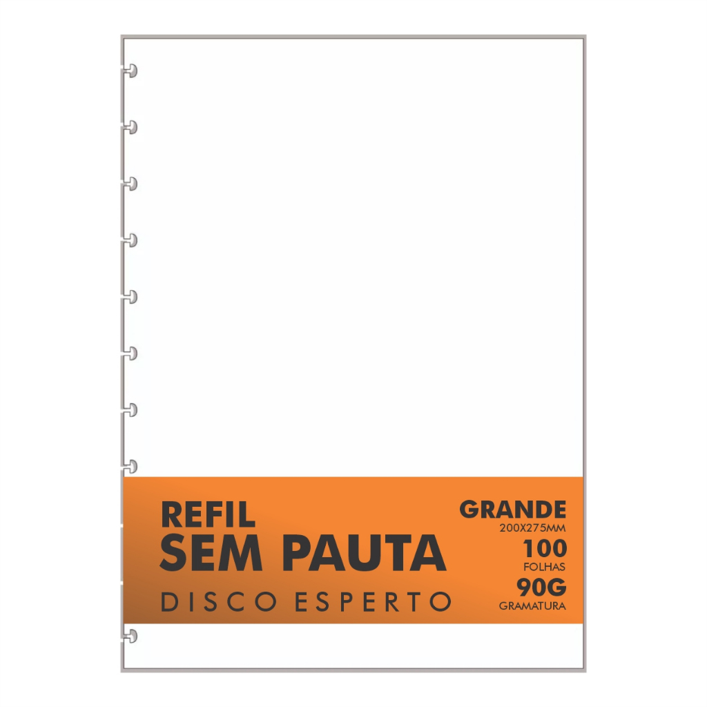 Refil Genérico 100 Folhas Caderno de Discos / Inteligente Grande 11 Furos Liso, Em Branco e Sem Pauta 90g Miolo