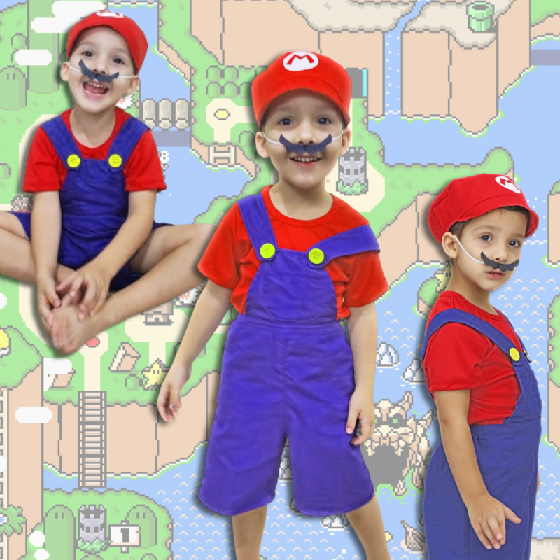 Fantasia Infantil Super Mario Bros FIlme Roupa do 03 ao 10 Com Boné ...