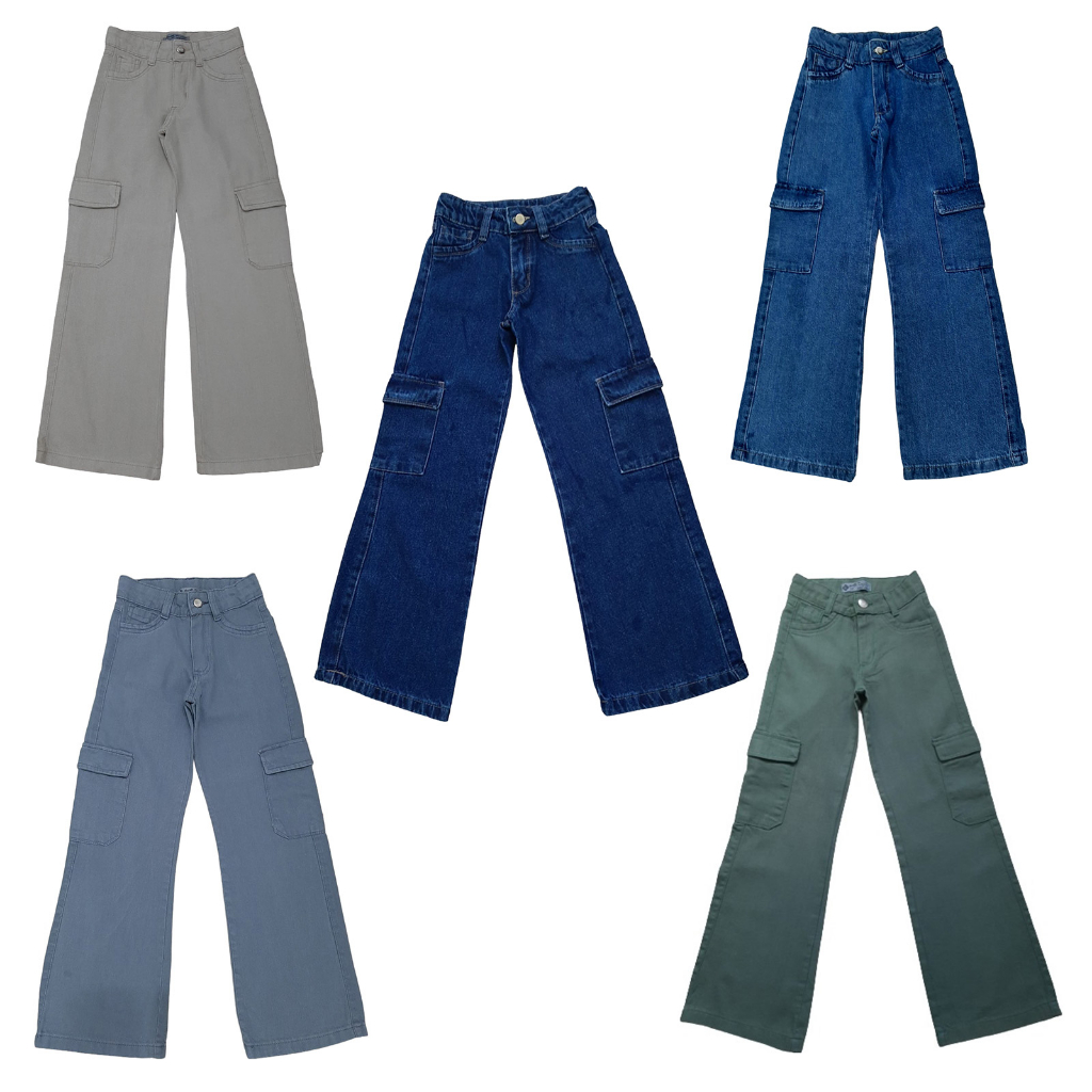 ÚLTIMAS PEÇAS Calça Jeans Cargo Wide Leg Pantalona COLLOR infantil juvenil