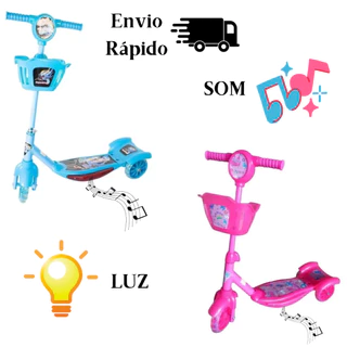 Patinete Infantil 3 Rodas Rodinhas Musical Luzes Cesta Freio para Menina e Menina- Importway